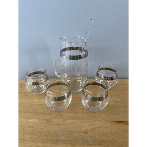 Libbey Pitcher 4 Roly Poly Glasses Stir Stick Wide Silver Band Glasses 6 Pc Set